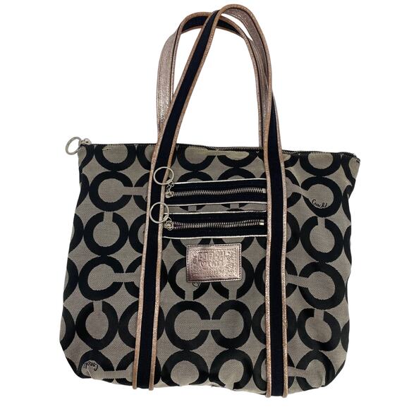 Coach Poppy op art Glam Signature Tote Bag Purse Black Gray Silver 13826 handbag - Picture 1 of 7